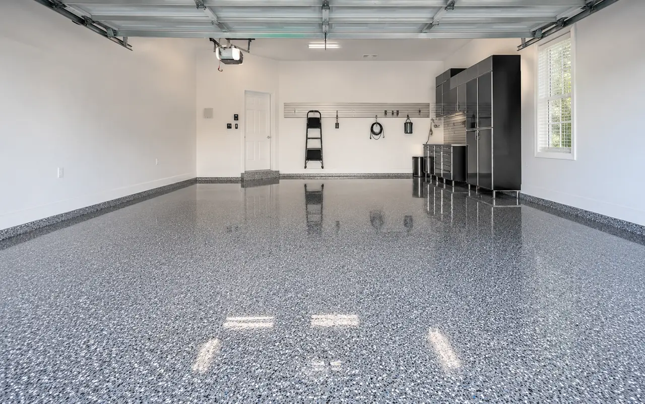 Garage floor after a premium full-chip epoxy coating