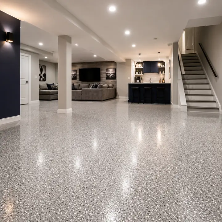 Finished basement with a bright epoxy coated floor