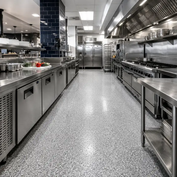Commercial kitchen with a seamless quartz epoxy floor