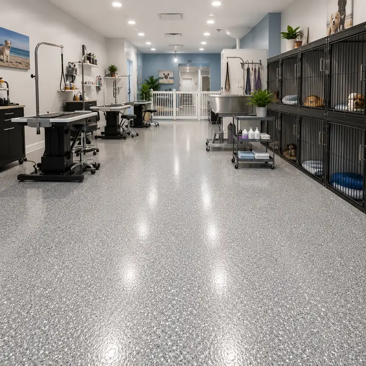 Pet grooming and boarding facility with a sanitary epoxy floor