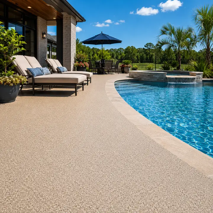 Pool deck with a slip-resistant textured concrete coating