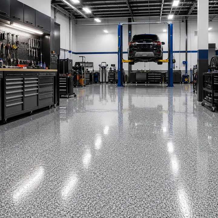 Mechanical shop with a durable high-gloss epoxy floor