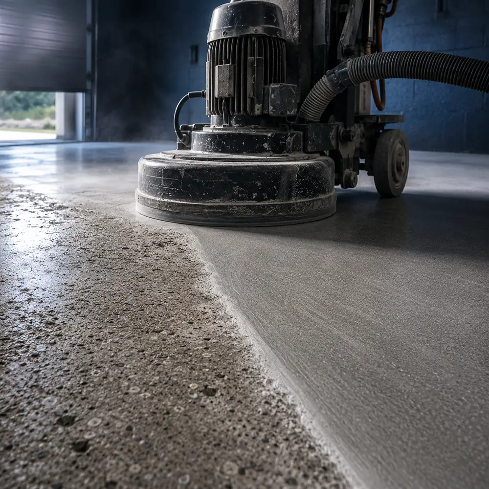 Professional diamond grinding preparing a concrete floor before coating